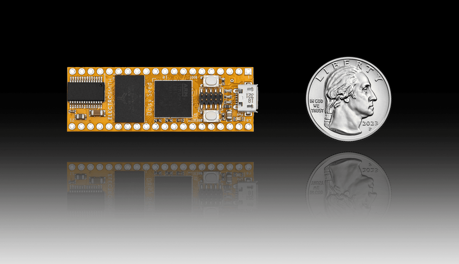 image of the Daisy Seed board besides a quarter coin for size comparison