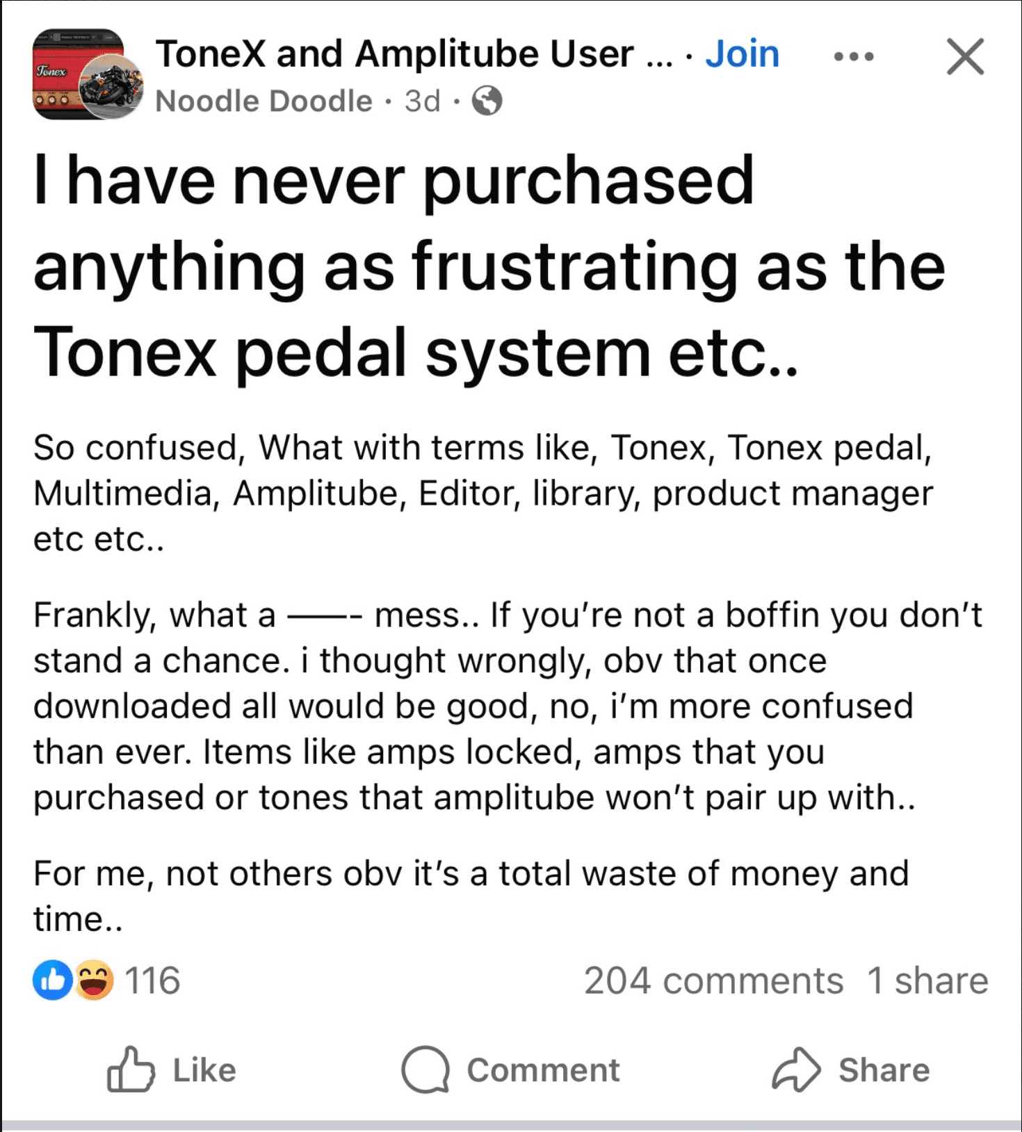 screenshot of forum members complaining how complex tonex is