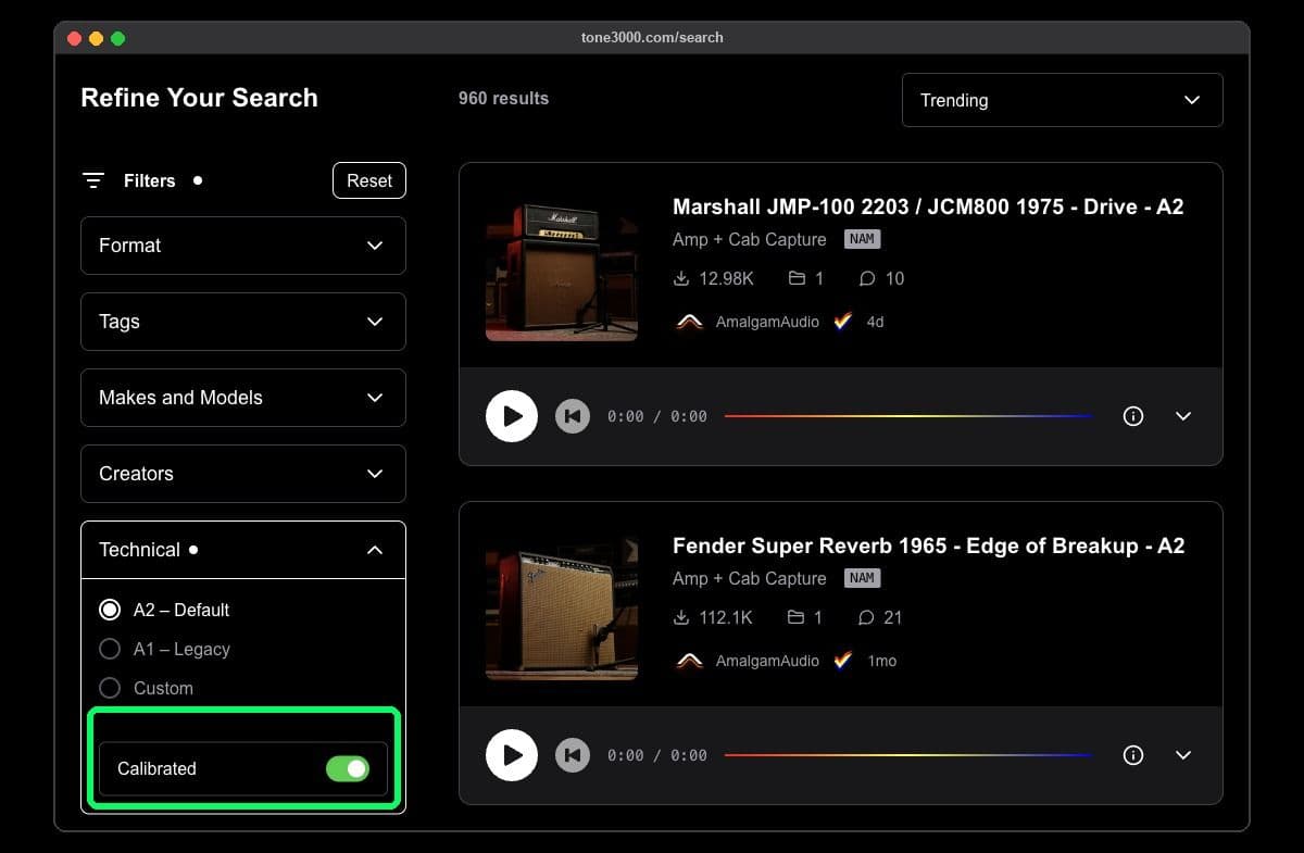 TONE3000 search filters with the Calibrated toggle turned on under Technical