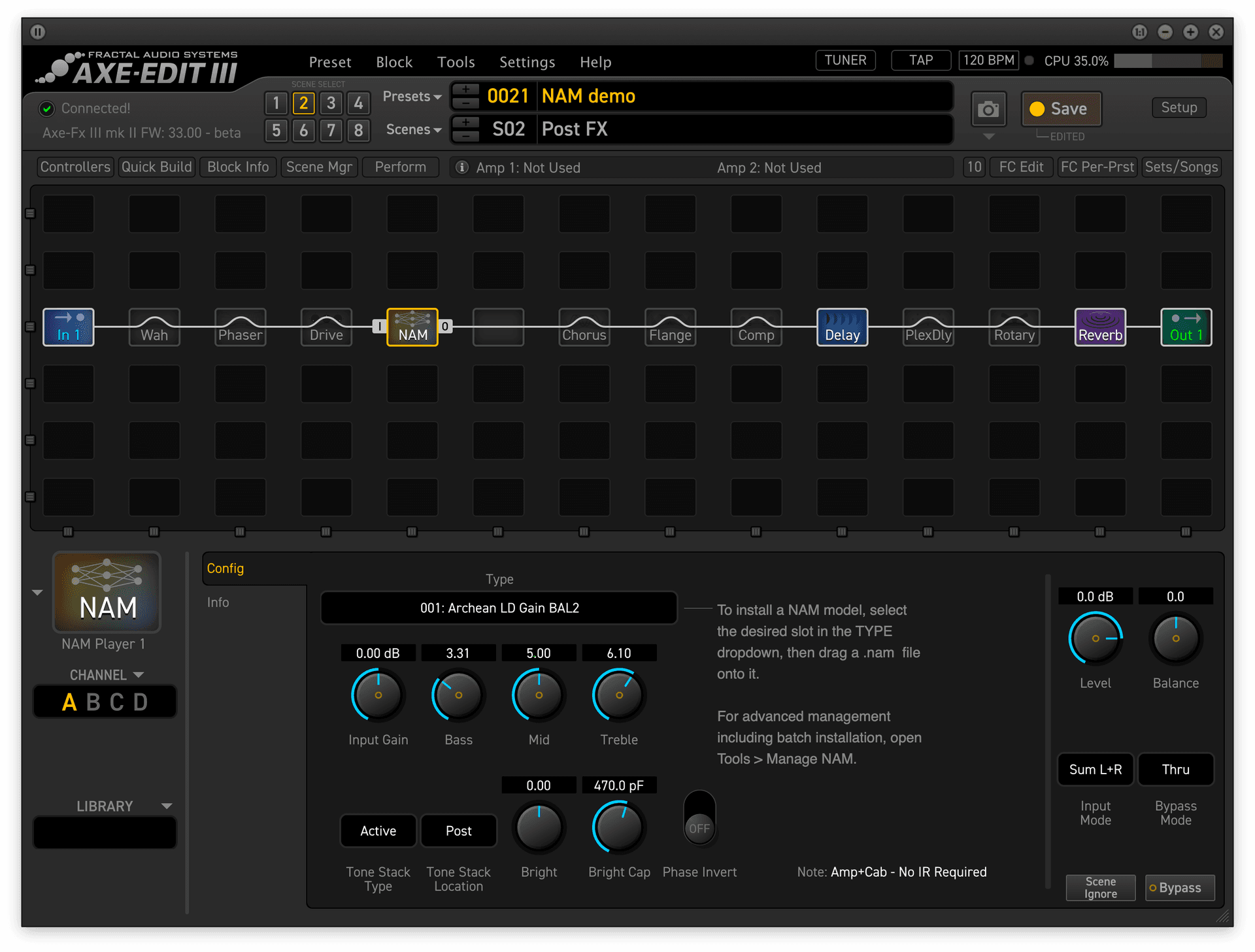 NAM Player block in Axe-Edit III with a NAM A2 capture loaded, showing tone stack, Bright, and Bright Cap controls