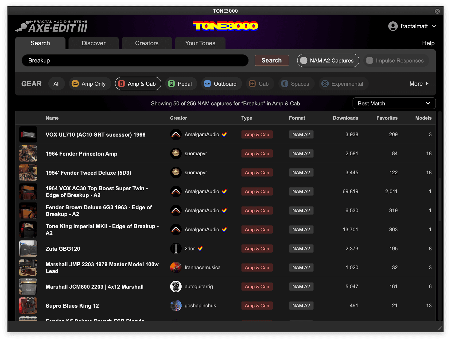 TONE3000 browser inside Axe-Edit III showing NAM A2 search results for Breakup in Amp & Cab