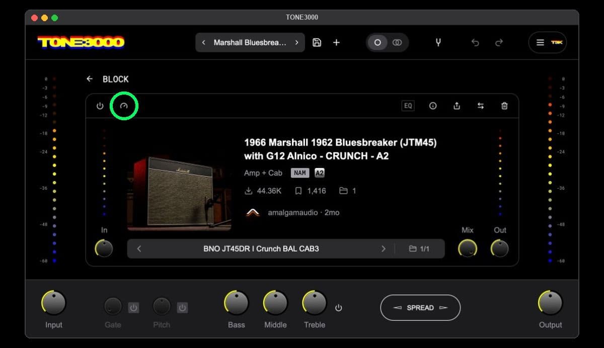 A NAM block in the TONE3000 Plugin with the calibration gauge icon next to the power button