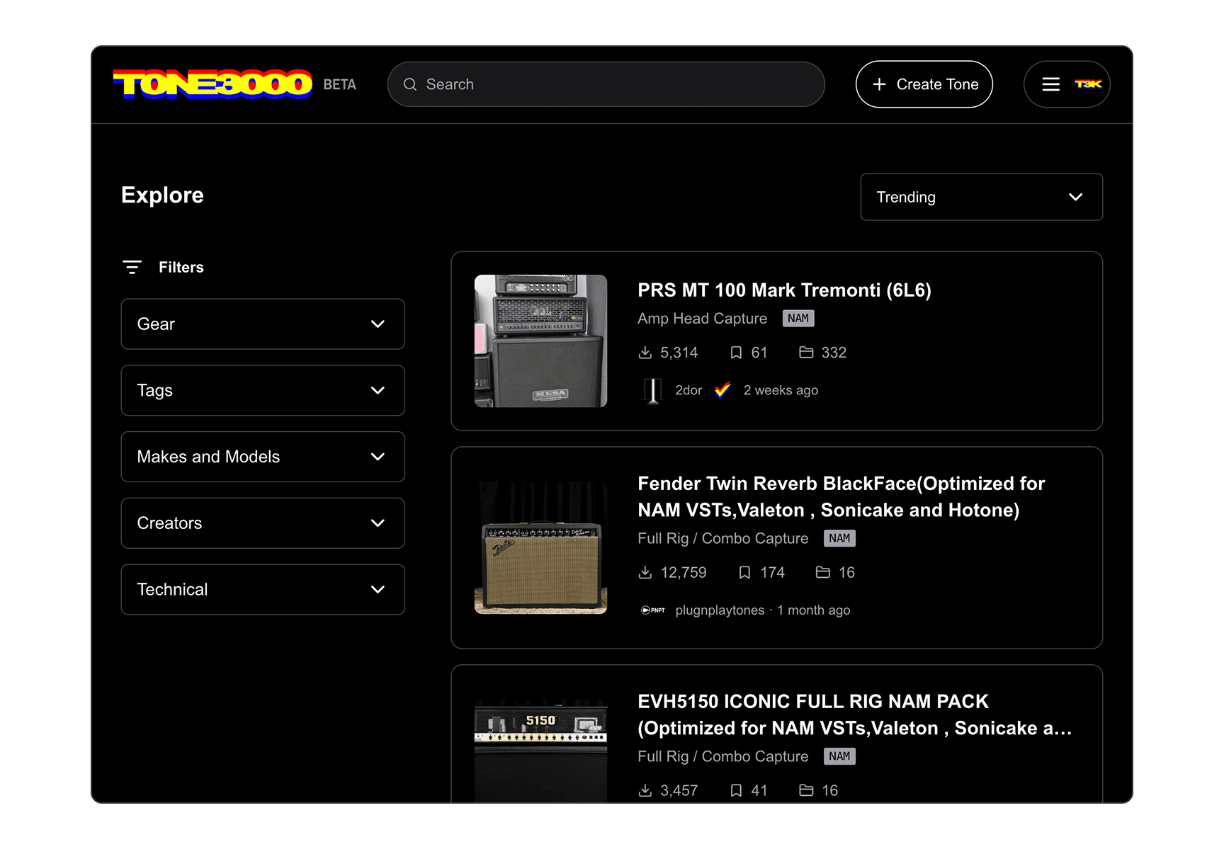 tone3000 search website interface