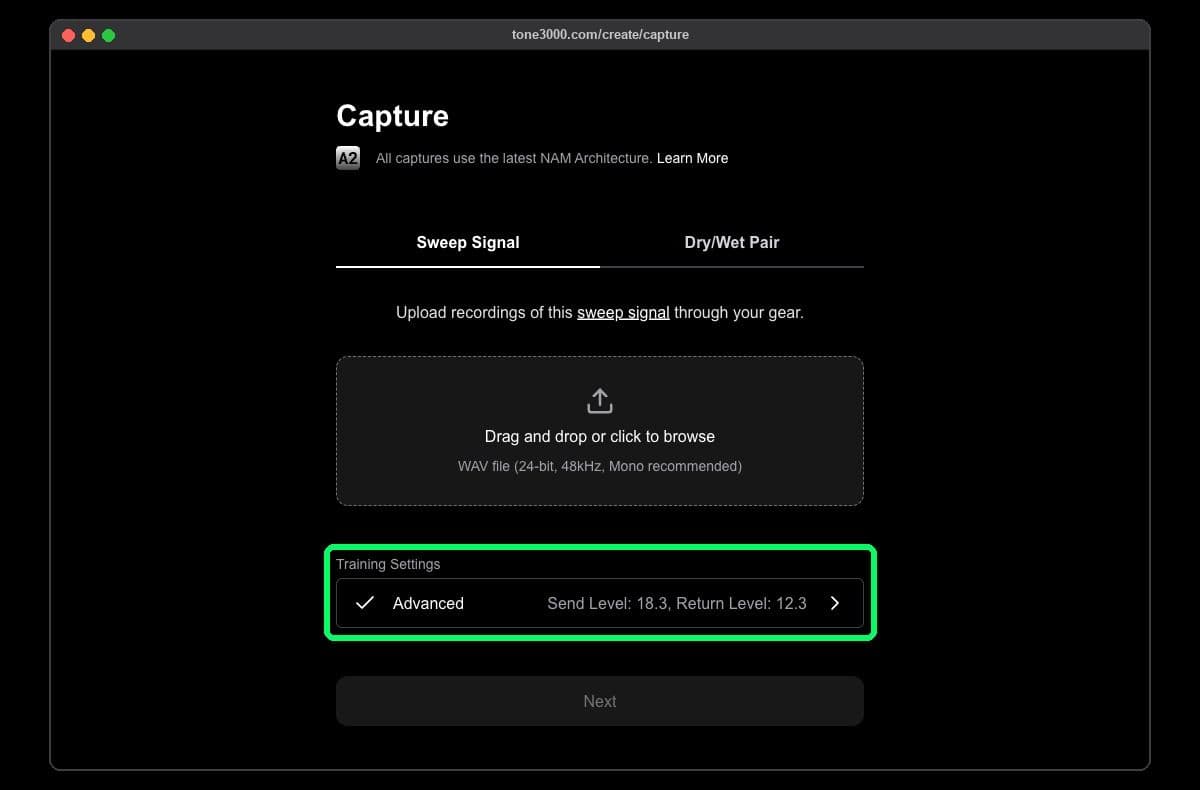 The TONE3000 capture page with the Advanced button under Training Settings highlighted