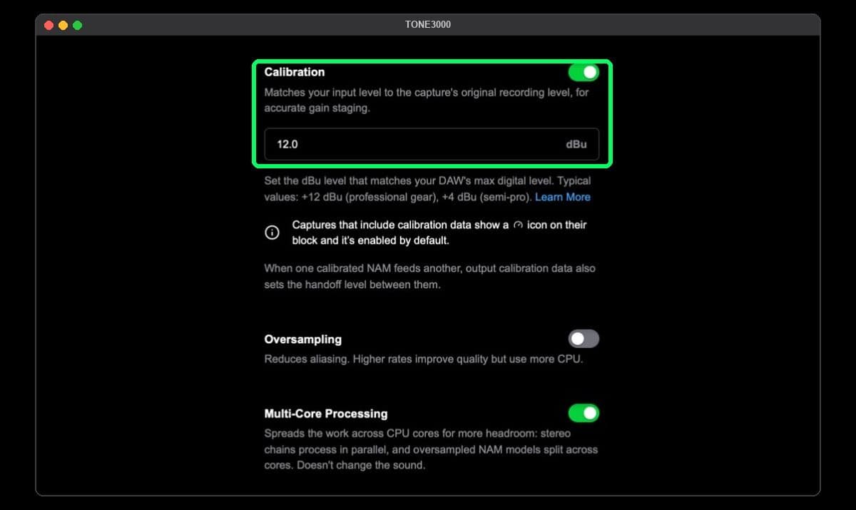 TONE3000 Plugin settings with the Calibration toggle on and the dBu field set to 12.0