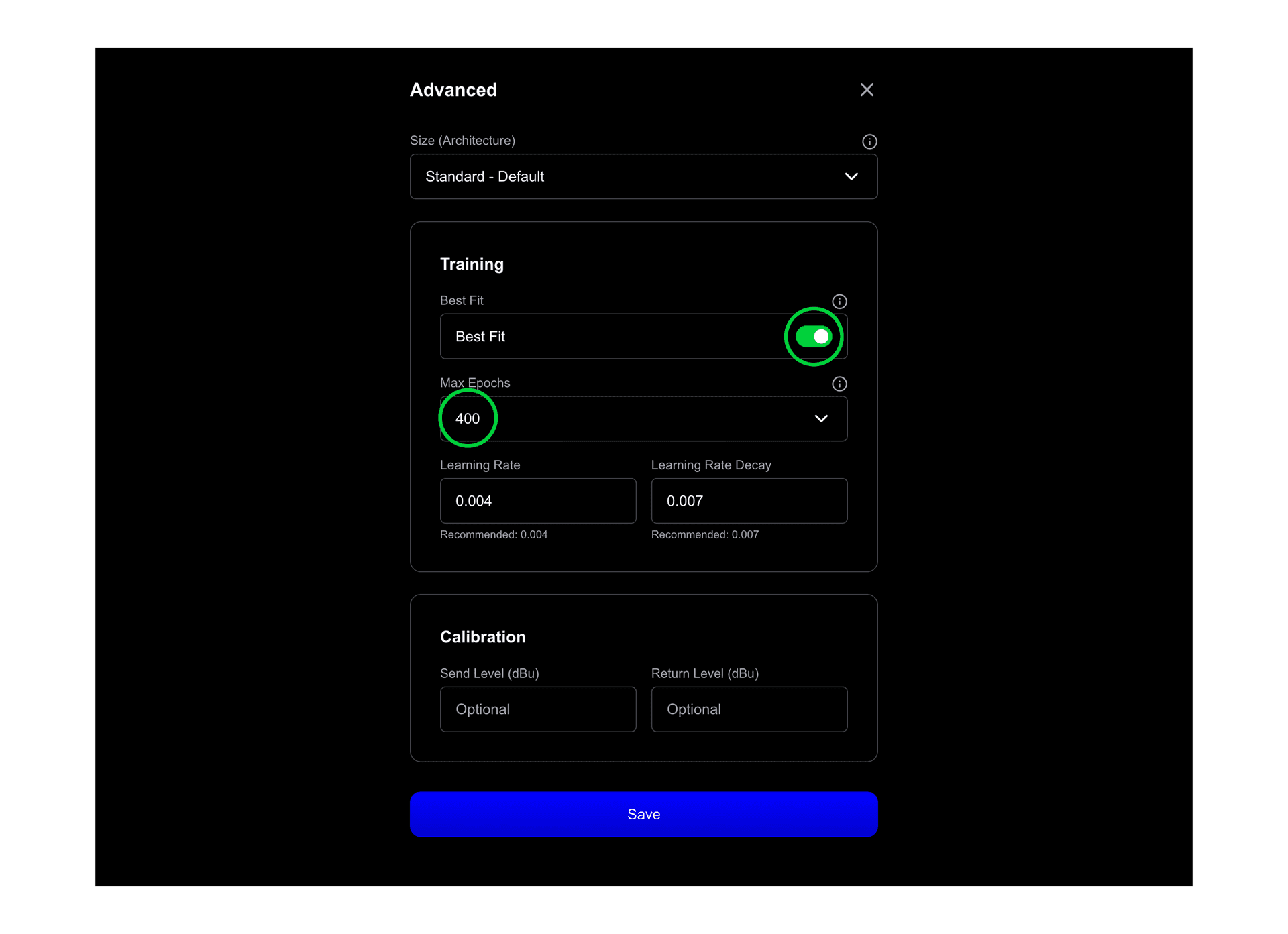 tone3000 nam capture advanced training settings