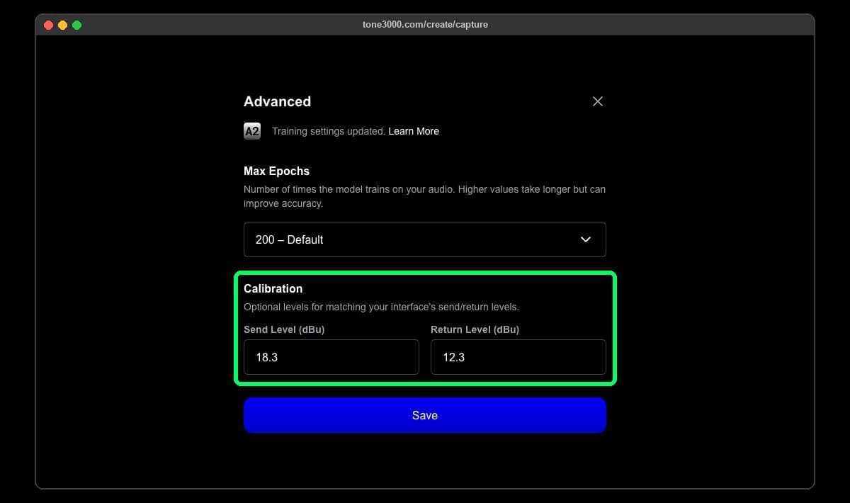 The Advanced dialog on the TONE3000 capture page with the Send Level and Return Level fields filled in